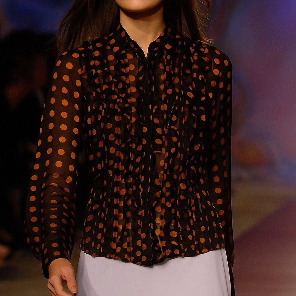 Just Cavalli Roberto Cavalli Silk Ruffle Polka Dot Button Down Blouse Y2K